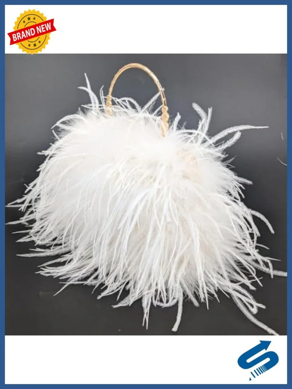 Natural Feather Evening Clutch with Golden Handle Vintage Fluffy Handbag